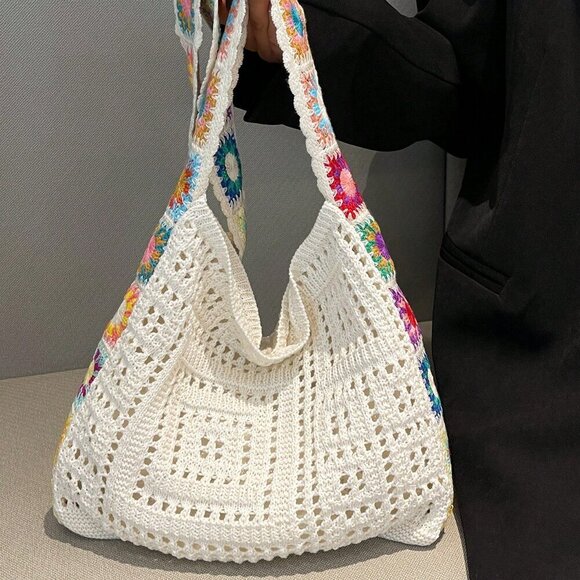 Beige Vacation Women's Contrast Color Floral Hollow Out Knitted Shoulder Bag - Picture 2 of 6